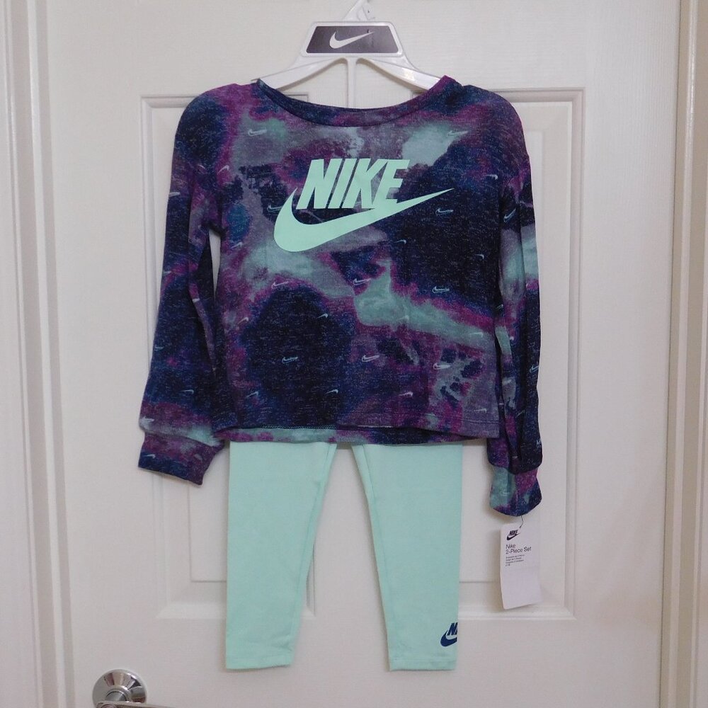NWT Girls 2pc Nike Long Sleeve Purple Black Green Top & Leggings Set sz 6X